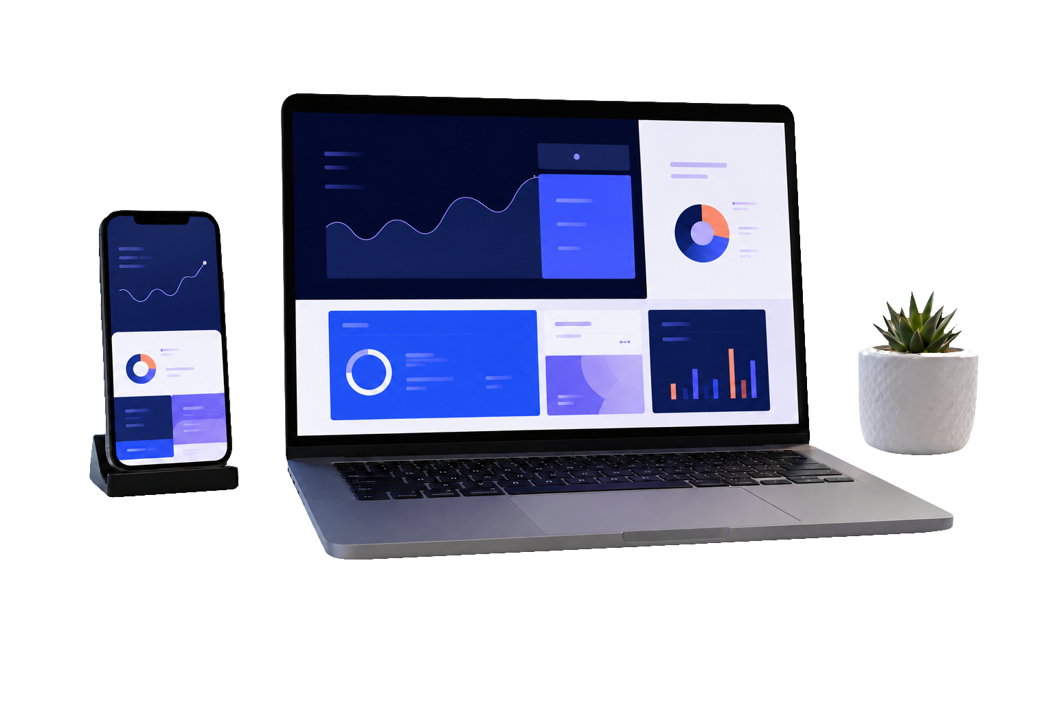 Notebook y smartphone mostrando una interfaz web responsiva junto a una planta